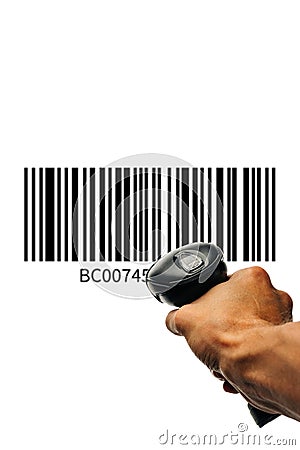 Bar code. Retail label barcode scan. Reader laser scanner for warehouse holding hand. Product code data concept. Stock Photo