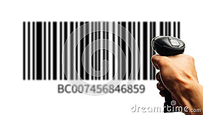 Bar code. Retail label barcode scan. Reader laser scanner for warehouse holding hand. Product code data concept. Stock Photo