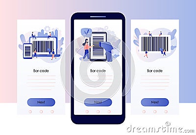 Bar code in smartphone and laptop app. Handheld barcode scanner. Tiny people scan bar-code. Screen template for mobile Vector Illustration