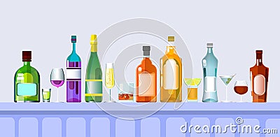 Bar Counter With Alcohol Drink Glasses, Bottle Set Collection Vector Illustration