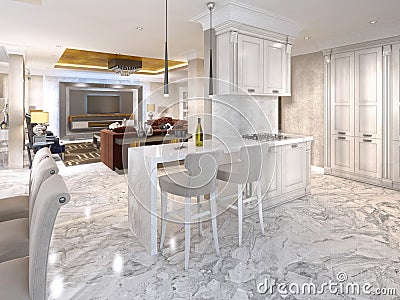 Bar counter with bar chairs in luxurious kitchen. Stock Photo