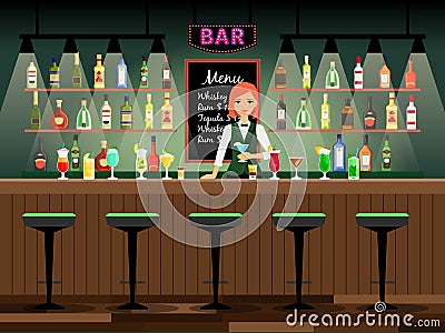 Bar counter with bartender lady Vector Illustration