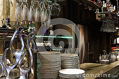 Bar counter with clean dishes close up Stock Photo