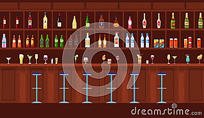 Bar counter, drink cocktail, alcohol glass, vacation interior, wooden background, design, flat style vector illustration Vector Illustration