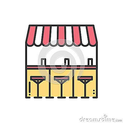 Bar counter with stools thin line icon. Street food retail. Mobile coffee house, bar, shop. Cafe, alcohol drink. Vector Vector Illustration