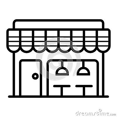 Bar counter with stools thin line icon. Street food retail. Mobile coffee house, bar, shop. Vector linear style icon Stock Photo