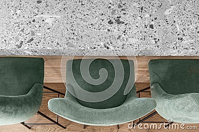 Bar counter with three bar stools and the kitchen grey stone effect countertop in minimal apartment interior. Stock Photo