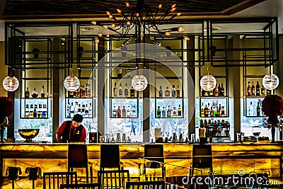 Bar countertop beautiful Italian restaurant interior in Jakarta, Indonesia Editorial Stock Photo