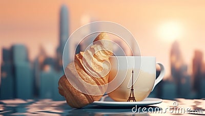 france french drink cup paris bar croissant breakfast table food. Generative AI. Stock Photo