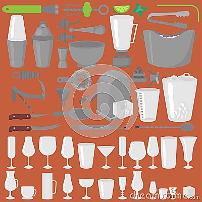 Bar Glassware Cocktails, Beer and Wine Glasses. Flat Barman Tools. Bartender equipment. Isolated instrument icon Stock Photo