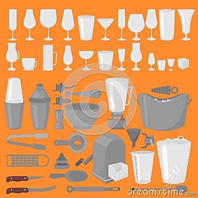 Bar Glassware Cocktails, Beer and Wine Glasses. Flat Barman Tools. Bartender equipment. Isolated instrument icon Vector Illustration