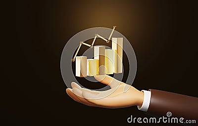 Bar graph on a businessman`s hand on a dark brown background Cartoon Illustration