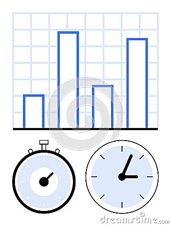 Bar Graph with Stopwatch and Clock Symbols Representing Time Management and Data Analysis Vector Illustration