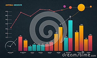 bar graph with various colored bars and line graph with red line and yellow circle, all set against dark Stock Photo