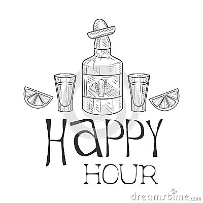 Bar Happy Hour Promotion Sign Design Template Hand Drawn Hipster Sketch With Tequila Bottle And Shot Glasses Vector Illustration