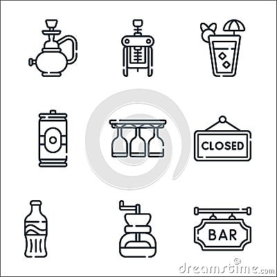 Bar line icons. linear set. quality vector line set such as bar, coffee grinder, soda, closed, glasses, beer can, cocktail, Vector Illustration