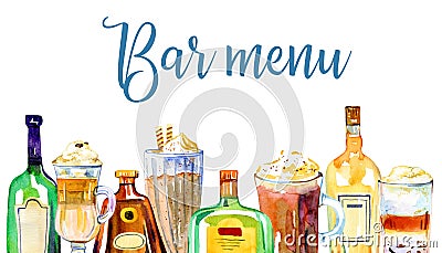 Bar menu cover design template. Glass alcohol bottles and coffee drinks in a row. Watercolor hand drawn sketch illustration Cartoon Illustration