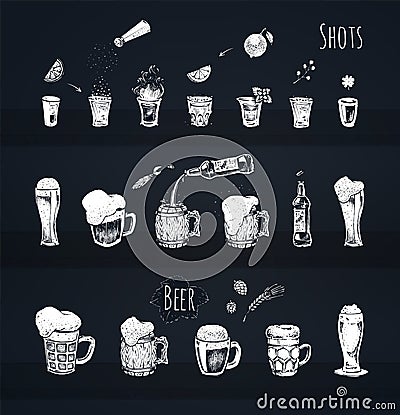 Bar menu design. Vector icons of beer and shots Vector Illustration