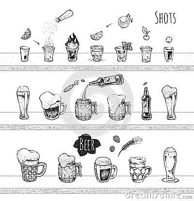 Bar menu design. Vector icons of beer and shots Vector Illustration