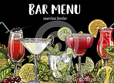 Bar menu, seamless cocktails border Vector Illustration