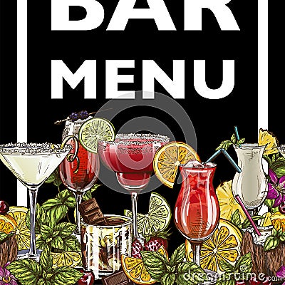 Bar menu, seamless cocktails border Vector Illustration