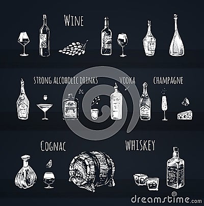 Bar menu. Vector icons of wine and strong drinks Vector Illustration