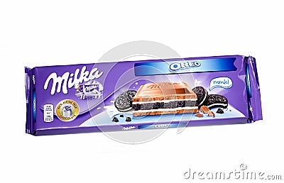 Bar of Milka oreo chocolate isolated on white background Editorial Stock Photo
