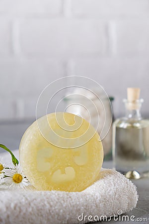 Bar of natural soap with loofah. Natural Herbal Products. Spa Stock Photo