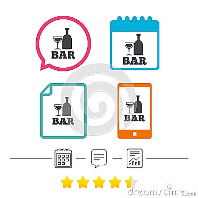 Bar or Pub sign icon. Wine bottle and Glass. Vector Illustration