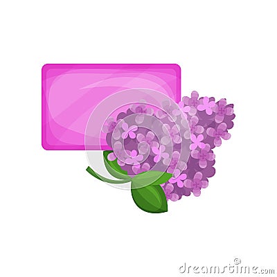 Bar of purple hygienic soap and flowering branch of lilac. Refreshing spring smell. Natural product for skin care Vector Illustration