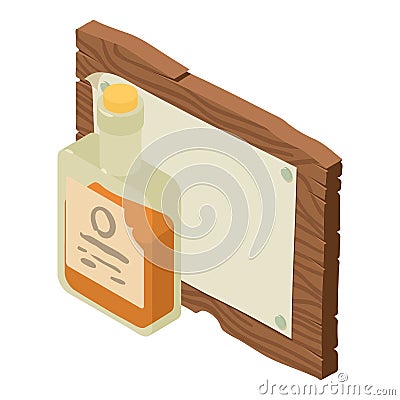 Bar sign icon isometric vector. Opened whiskey bottle and wooden bar signboard Vector Illustration