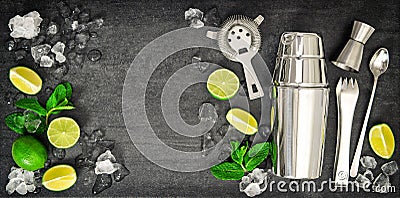 Bar tools. Ingredients mojito lime, mint leaves, ice Stock Photo