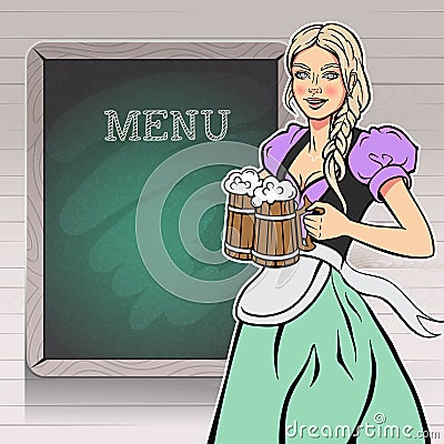 Bar waitress with beer mugs in hands and chalkboard on wooden wall.. Vector background. Vector Illustration