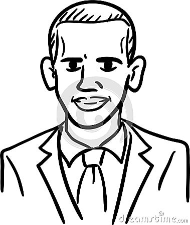 Barack Obama cartoon caricature, black and white doodle vector. Simple line drawing of the president of United states. Vector Illustration