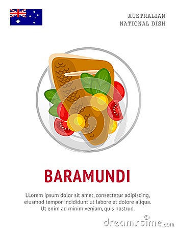 Baramundi. Traditional australian dish. Vector Illustration