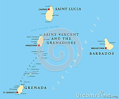 Barbados, Grenada, Saint Lucia and Saint Vincent political map Vector Illustration