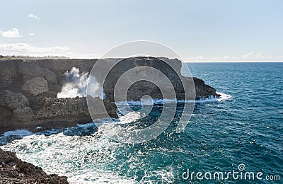 Barbados Ocean and rocks Next to Animal Flower Cave. Atlantic Ocean. Caribbean Sea Island Stock Photo
