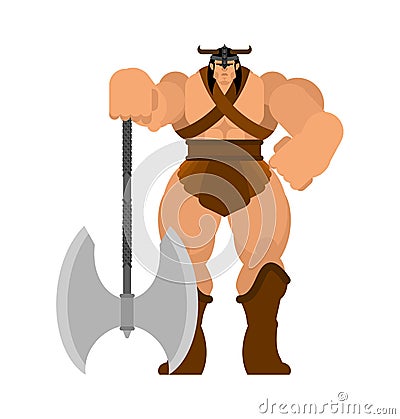 Barbarian with Ax. Strong Warrior with weapons Big blade. berserk Brutal man. Strong Powerful Medieval Mercenary Soldier. Vector Vector Illustration