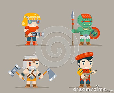 Barbarian berseker bard tribal orc engeneer inventor rifleman fantasy RPG game characters icons set vector illustration Vector Illustration