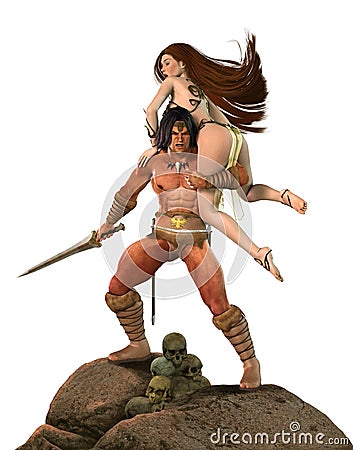 Barbarian Fantasy Warrior Fights for Princess Stock Photo