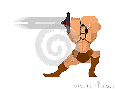 Barbarian with sword. Strong Warrior with weapons Big blade. berserk Brutal man. Strong Powerful Medieval Mercenary Soldier. Vector Illustration