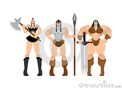 Barbarian woman set. Lady viking. Strong female Warrior with weapons Big blade. berserk. Strong Powerful Medieval Mercenary Vector Illustration