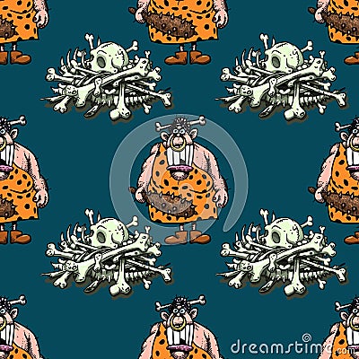 Barbaric ancient woman and skeleton bones seamless pattern Vector Illustration