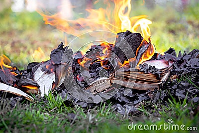 Barbaric burning of books, destruction of books on fire Stock Photo