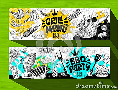 Barbecue banner posters grilled food, sausages, chicken, french fries, steaks, fish, BBQ grill party. Vector Illustration