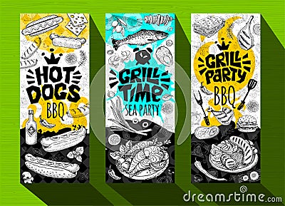 Barbecue banner posters grilled food, sausages, chicken, french fries, steaks, fish, BBQ grill party. Vector Illustration