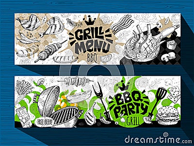 Barbecue banner posters grilled food, sausages, chicken, french fries, steaks, fish, BBQ grill party. Vector Illustration