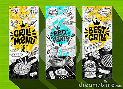 Barbecue banner posters grilled food, sausages, chicken, french fries, steaks, fish, BBQ grill party. Vector Illustration