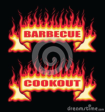 Barbecue Cookout Fire Flame Banner Straight Scroll Vector Illustration