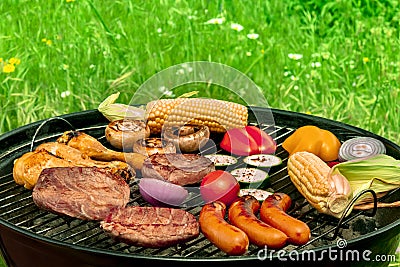 Barbecue cookout. Grilled meat, sausages, chicken, vegetables, a panorama Stock Photo
